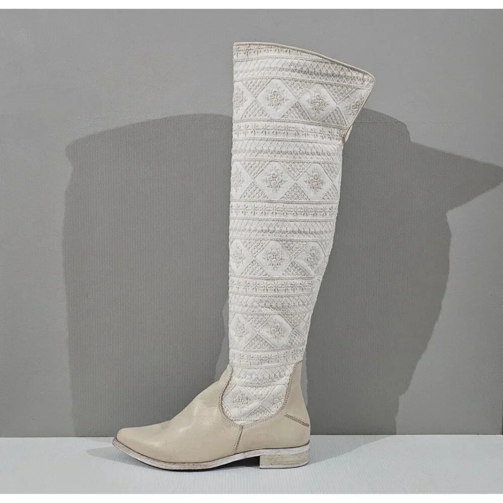 Free People Bren Knee High Boot Womens EU 37 Cream Embroidered Slouchy Boho